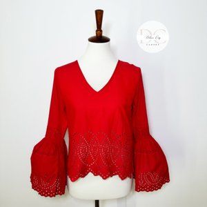 SFERA BASIC Embroidery Red Blouse Bell Sleeves Size Small